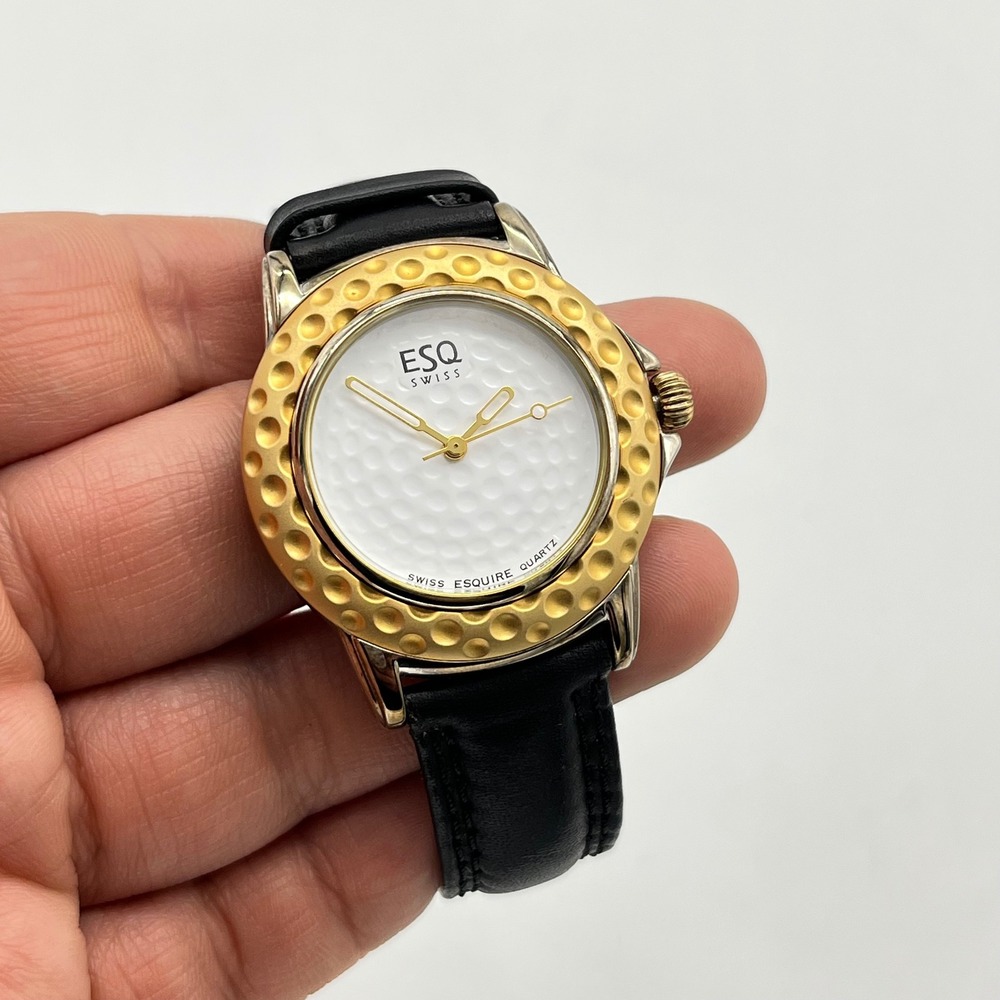 ESQ Swiss Gold Tone Golf Ball Ladies Watch Black Leather Band Quartz New Battery